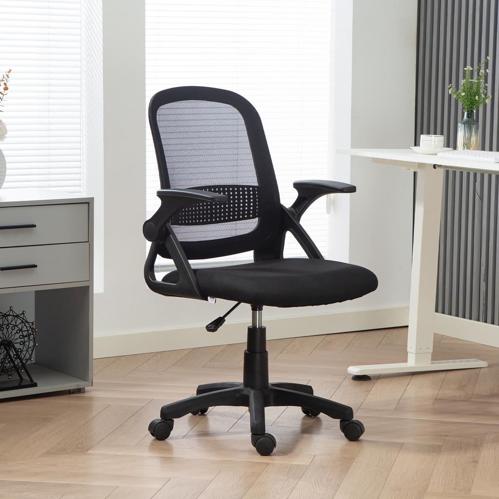 Breathable Mesh Office Chair, Ergonomic Swivel Chair with Folding Armrests and Lumbar Support, Black