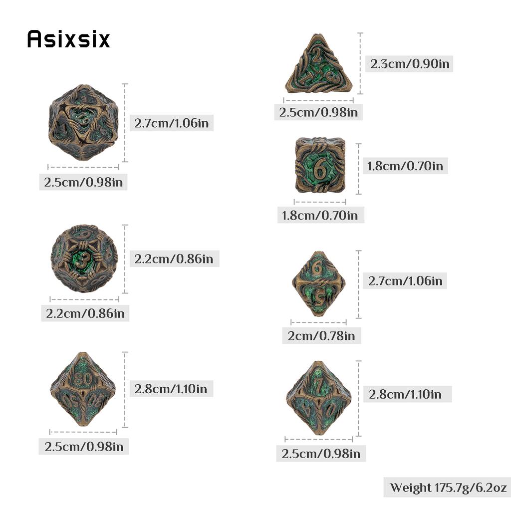 7 Pcs Yellow Green Tree Vine Metal Dice Solid Metal Polyhedral Dice Set Suitable for Role-Playing RPG Board Game Dice RPG