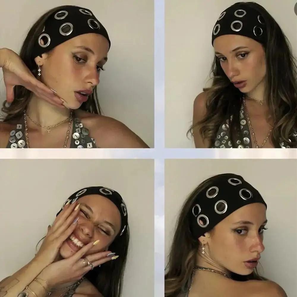 Metal Eyelets Punk Headwrap Fabric Hollowed Out Eyelets Headband Fashion Rock Head Band  Women