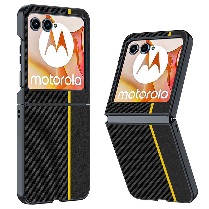 

For Motorola Razr 50 5G Case Carbon Fiber Texture Ultra Slim Hard PC Phone Cover Splicing Yellow