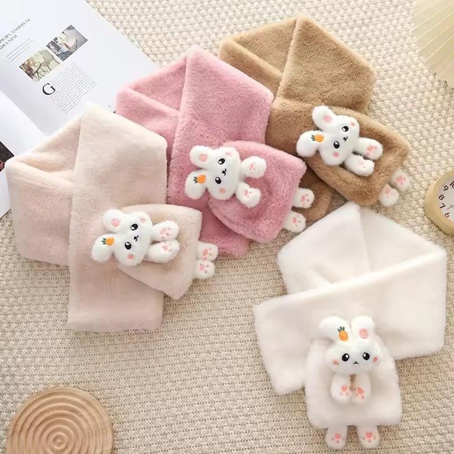 Kids Winter Warm Thick Plush Scarf Cute Cartoon Rabbit Cross Bib Baby Faux Fur Neckerchief Protection