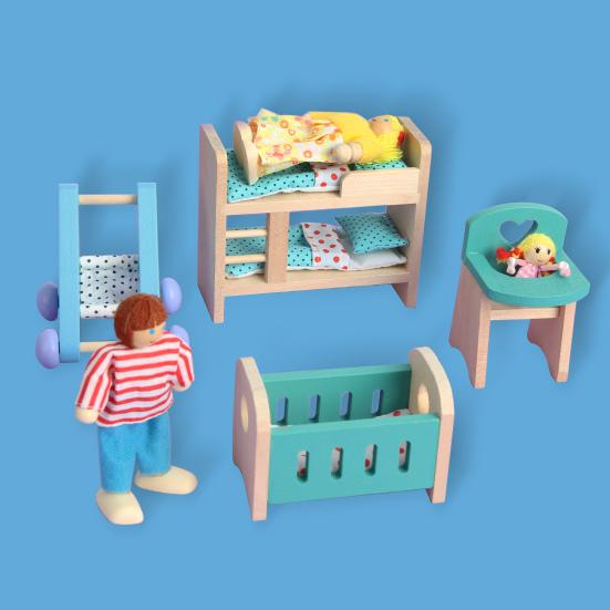 Wooden Doll House Furniture Baby Room Set Miniature Models DIY Assembled Toys with Chair Bed Stroller