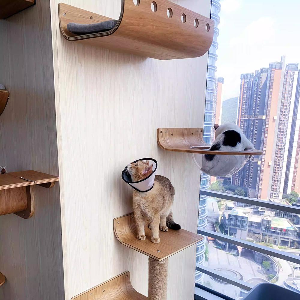 Wall Mounted Cat Climbing Shelves Hammock Scratcher Perches Solid Wood Steps Stairs Cat Furniture for Activity Indoor Cats