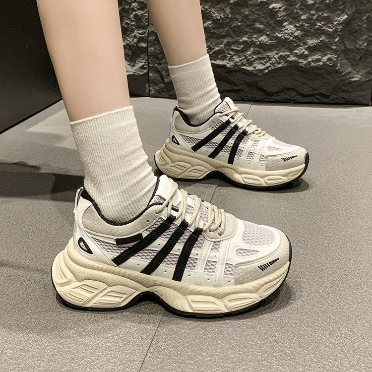 2025 new women's shoes breathable mesh leather dad shoes thick sole old sports casual shoes lace up dirty single shoes