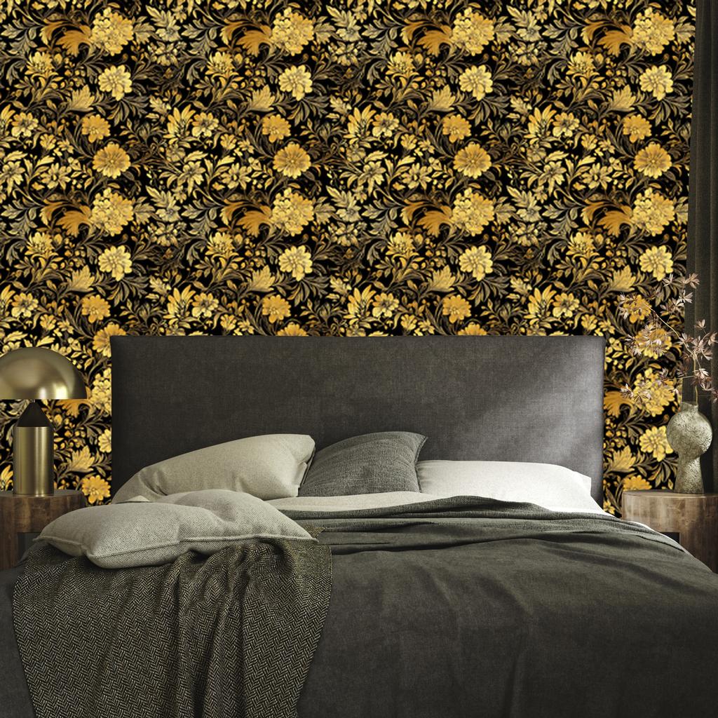 Golden Hibiscus Wallpaper Ochre, Gold and Yellow for Living Room and Bedroom 50x1000