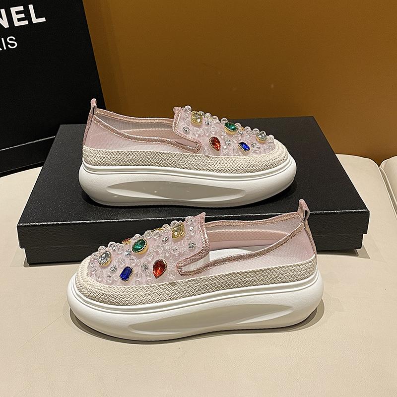 Fashion 5cm 2025 Net Mesh Platform Wedge Flats Crystal Shoes Chunky Sneaker Casual Comfy High Brand Summer Autumn Vulcanize Shoes
