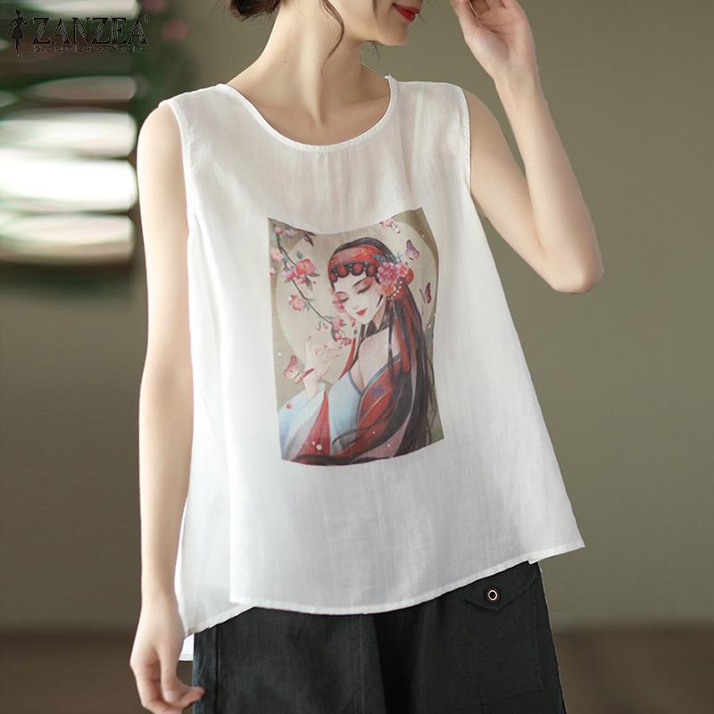 

ZANZEA Женские повседневные летние майки без рукавов с круглым вырезом и принтом