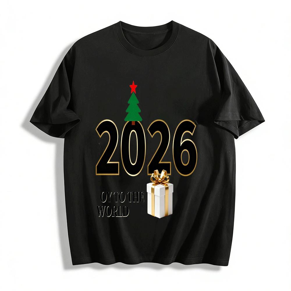 

2026 Christmas New Year Joy To The World Printed Casual Top Pure cotton T-shirt XXS