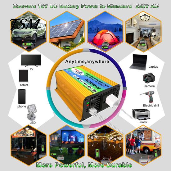 Car Inverter 1 Set Power 3000W Peak Solar Fast Charging Dual USB Ports Auto Equipment Intelligent Transformer Universal DC 12V to AC 220V/110V
