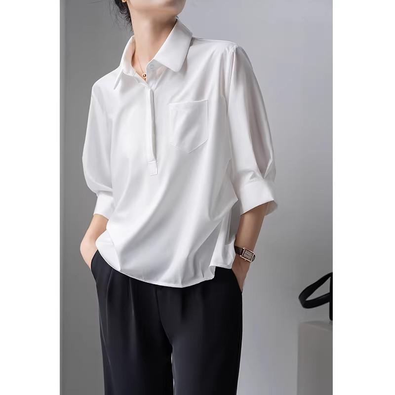 

Seven-quarter sleeve Polo collar shirt women s summer new white dress commuter professional shirt interview foreign style top M белый