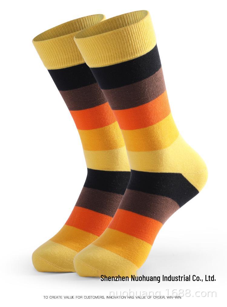 Men's Plus Size Striped Cotton Socks - Rainbow, Thick, Anti-Odor, Mid-Calf Length, European & American Style.