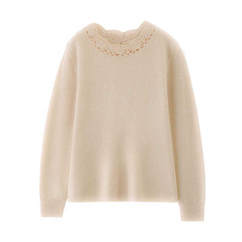 Women's 100% Mercerized Pure Wool Round Neck Pullover Sweater - Handmade Crochet Slimming Knitwear