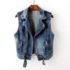 Women's Spring/Fall Short-Length Distressed Denim Sleeveless Blazer-Collar Biker Jacket