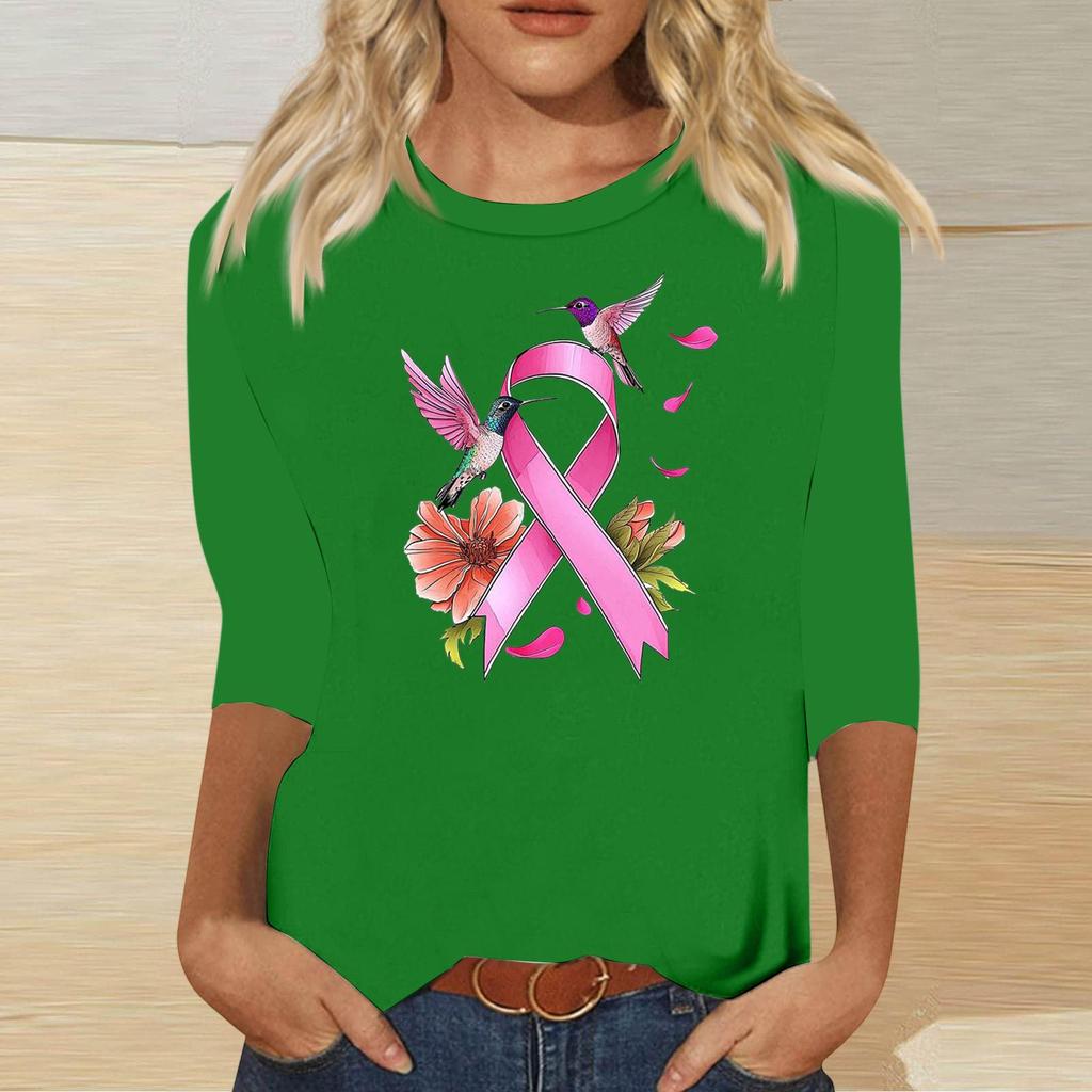 Women's Casual Round Neck Three-Quarter Sleeve Print Blouse with Ribbon and Butterfly Heart Pattern