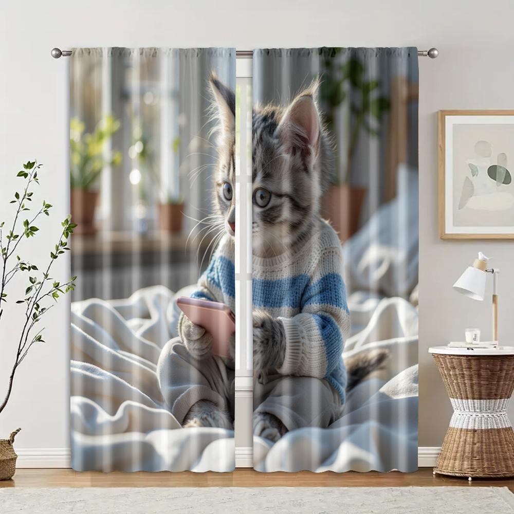 

2 шт., фильтрующие шторы (исключая удилища, неподвижный, без батареек) Очаровательный серый полосатый котенок, использующий телефон для использования в 29x65in(75x166cm)