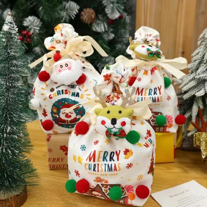 Christmas Cute Character Gift Bag - Drawstring Fabric Storage Bag for Children's Candy, Apple & Portable Party Favors