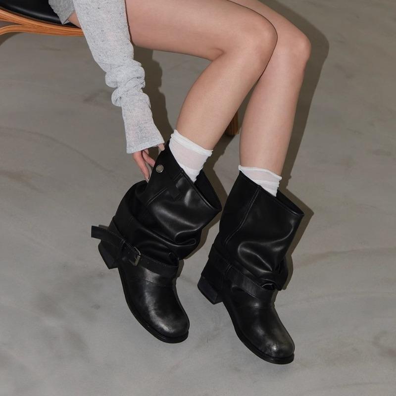 Fashion Fashion Women Mid Calf Knight Boots Classic Sale Woman Zip Round-toe Leather Boots Europe America Non-slip Platform Slip-on Boot