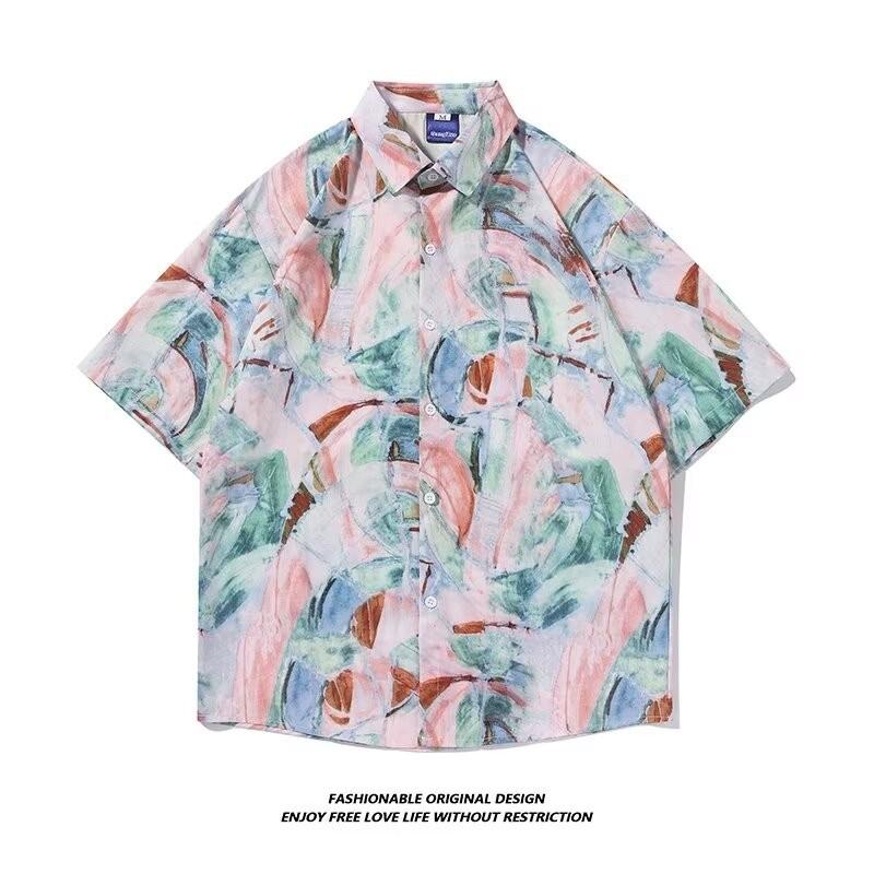 

Летняя мужская мода Гавайская рубашка на пуговицах с лацканами в корейском стиле Граффити Дизайн с коротким рукавом Пляжные рубашки с цветочным принтом Одежда Сонгкран