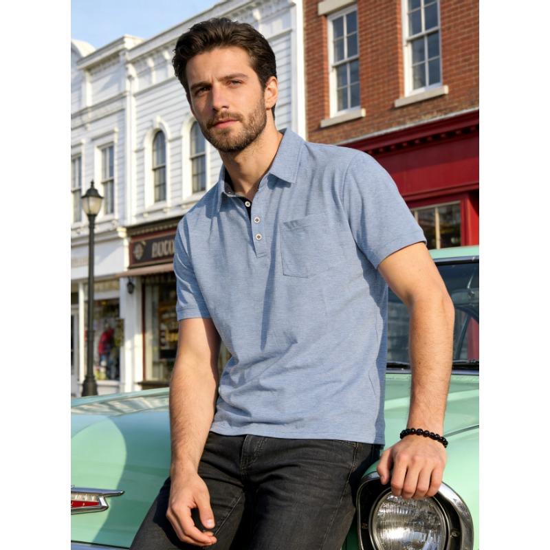 

Men Contrast Collar Half Button Chest Pocket Casual Short Sleeve Polo Shirt S