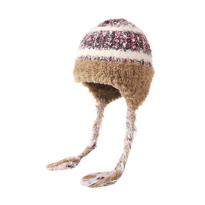 Wool hat female face small Maillard winter fringed braids thickened thermal ear protection hat cold knitted hat cold hat