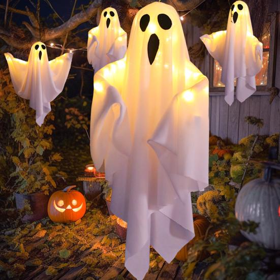 3 ks Halloweenských závěsných duchů 19,6" LED svítících venkovních létajících bílých duchů pro dekoraci předzahrádky, terasy, trávníku, zahrady, párty
