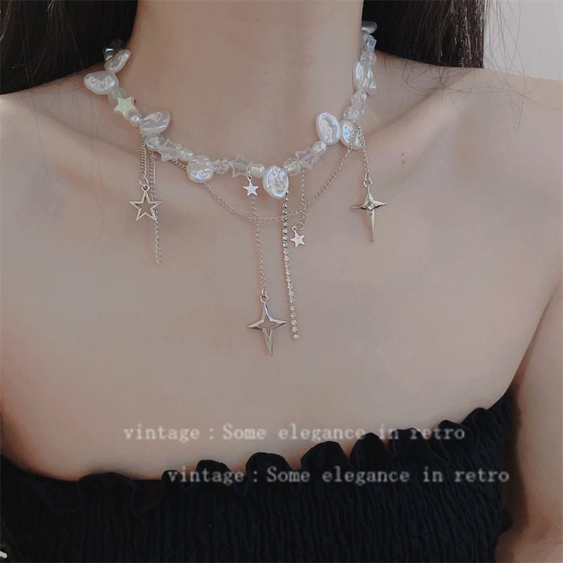 Minimalist Baroque Acrylic Pearl Necklace With Star Pendant Tassel Women Tone Choker Chain Silver Star Tassel Acrylic Pearl Necklace 2025-280