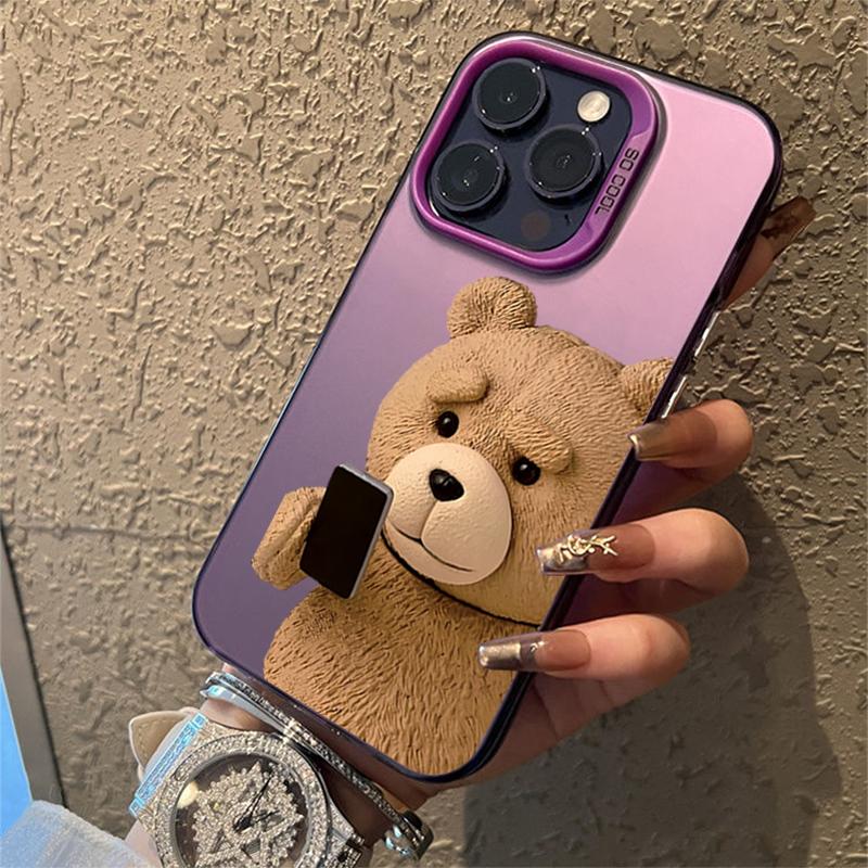Cute Cartoon Brown Bear Electroplate Silver IMD Phone Case For iPhone 16 11 12 13 14 15 Pro Max 7 8 Plus 16E XS Shockproof Cover