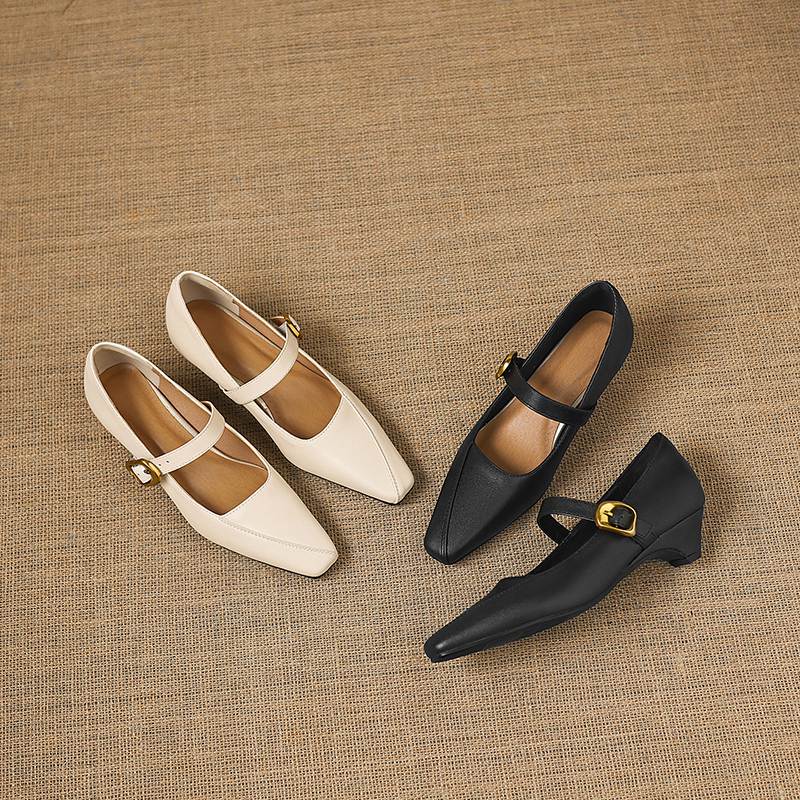 Krazing Pot Microfiber Square Toe Thick Med Heels Spring Summer Shoes Big Size 43 Metal Buckle Women Office Lady Pumps
