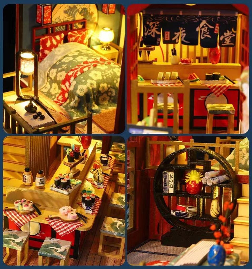 Moin Moin 1/24 Dollhouse Miniature DIY Kit Set: A Japanese-style Inn with a Focus On Japanese Cuisine - Wakii - Midnight Diner, Sushi, Watermelon, Pon