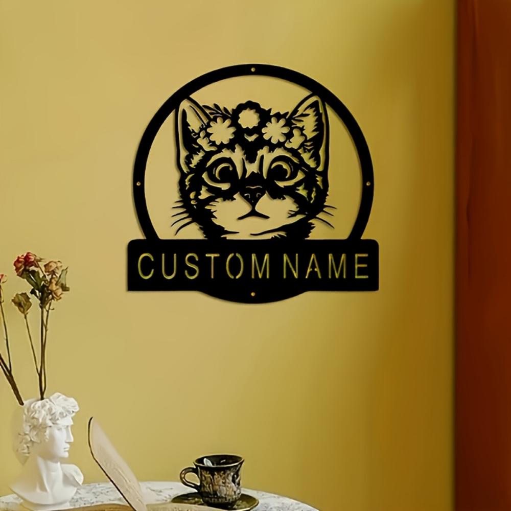Metal Cat Flower Custom House Number Sign Personalized Garden Wall Decor Farmhouse Name Plate