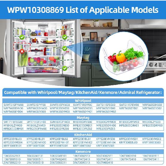 WPW10308869 W10308869 Refrigerator Door Shelf Bin Compatible with Whirlpool Maytag KitchenAid Kenmore French Door Refrigerator Parts Bin, Replacement