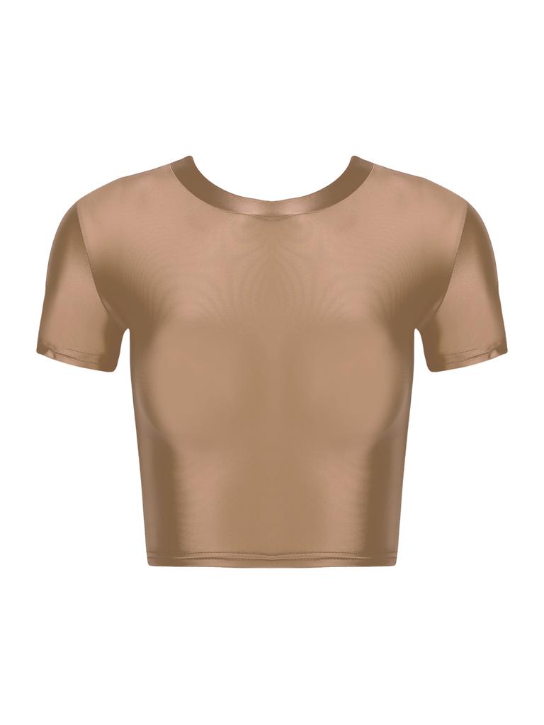 Womens Solid Color Short Sleeve Crop Top Sportswear Swimwear Top