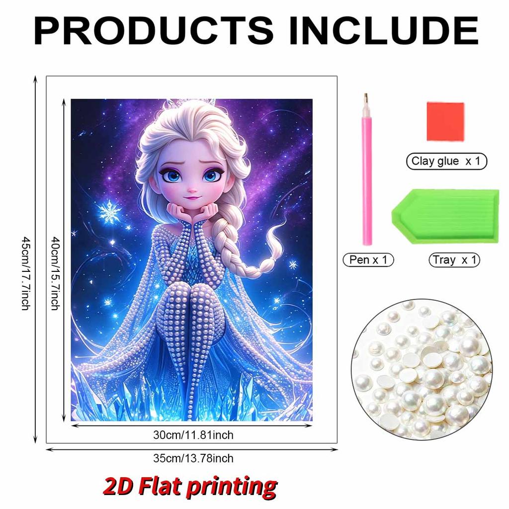 Chibi Starry Ice Elsa New Pearl-Inlaid Frameless Art | Handmade Pearl Craft, Dreamy Starry Ice Theme, for Cute Girly Frozen Style Home Decor