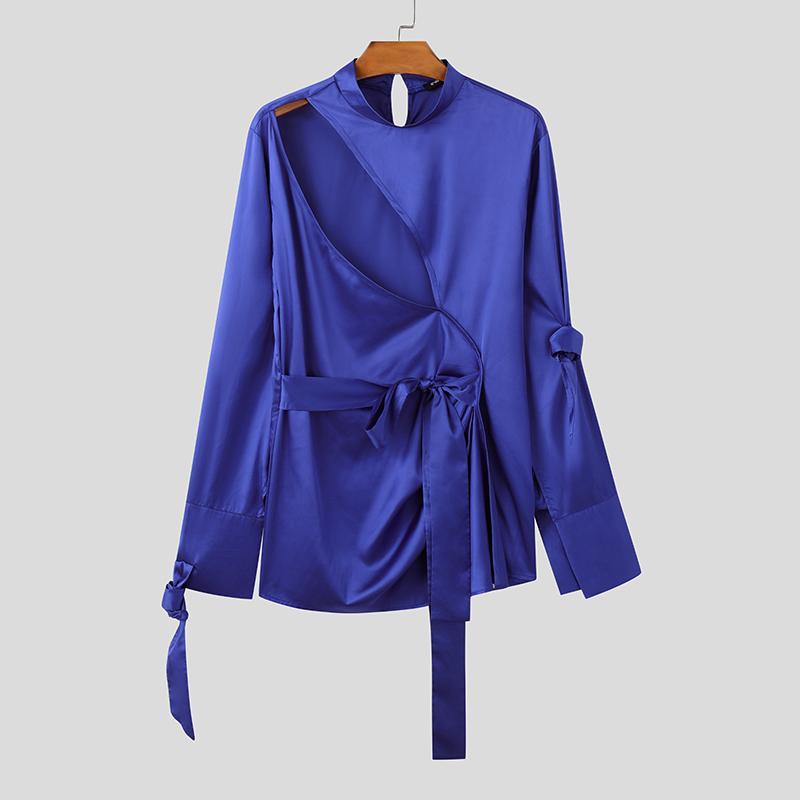 

INCERUN Мужские атласные рубашки с длинным рукавом и вырезом, повседневные однотонные топы 3XL синий