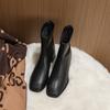 Black leather short boots, thin boots, new Martin boots, square head, medium heel, bare boots, thick heel, autumn single boots.
