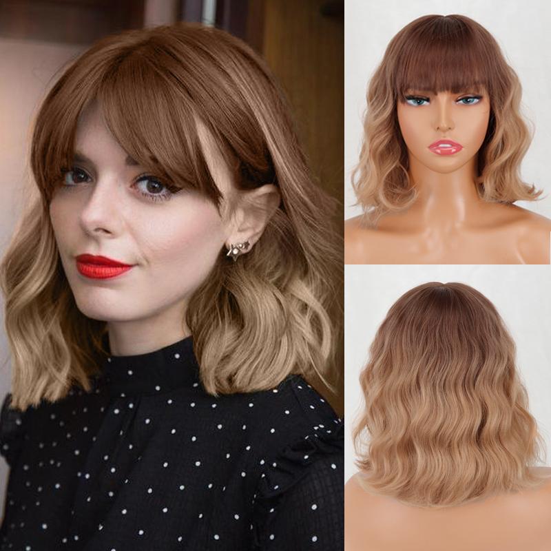 MERISIHAIR Women Short Bob Natural Wavy Pink Wig with Bangs Synthetic Fiber Short Water Wave Wig Daily Wear Cosplay