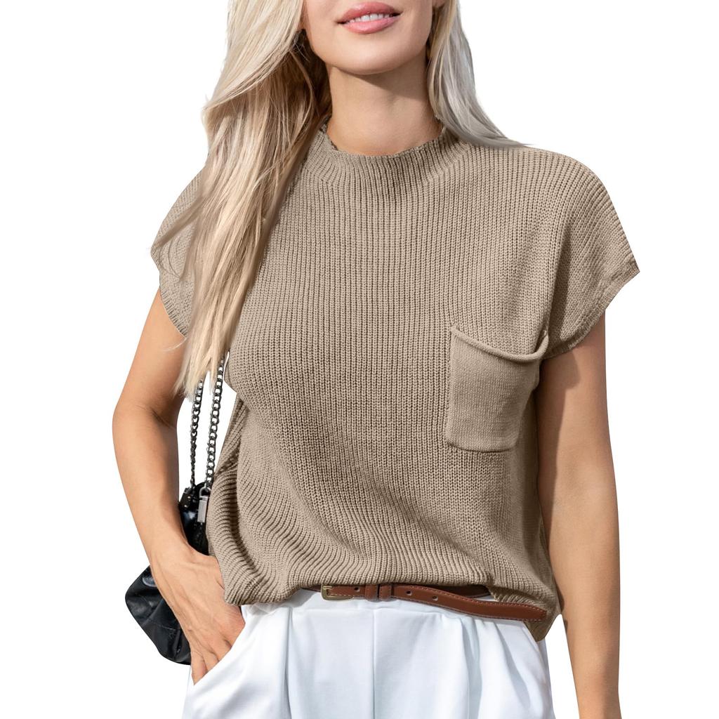 Women's Casual Fashion Sexy Color Comfortable And Breathable Round Neck Pullover Knitted Top With Pockets