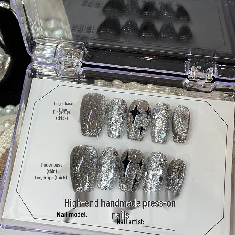 High-End Glitter Cat Eye Gel Press-On Nails - Skin-Tone Flattering False Nail Tips
