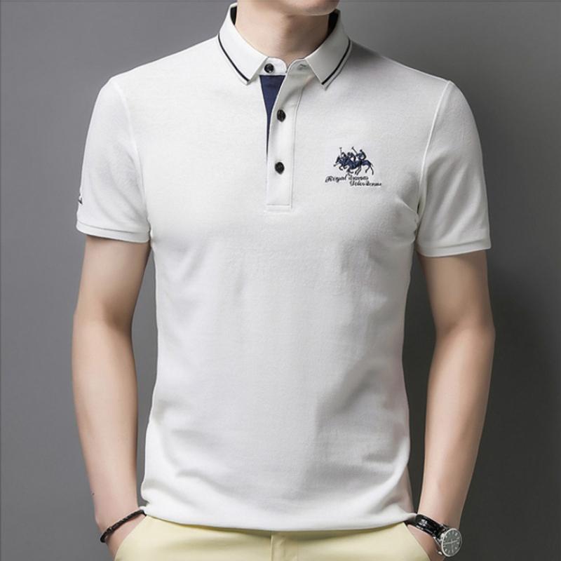 Camisas Bordadas Masculinas Camisa de Manga Curta Top Casual com Lapela Camiseta Masculina Respirável Leve