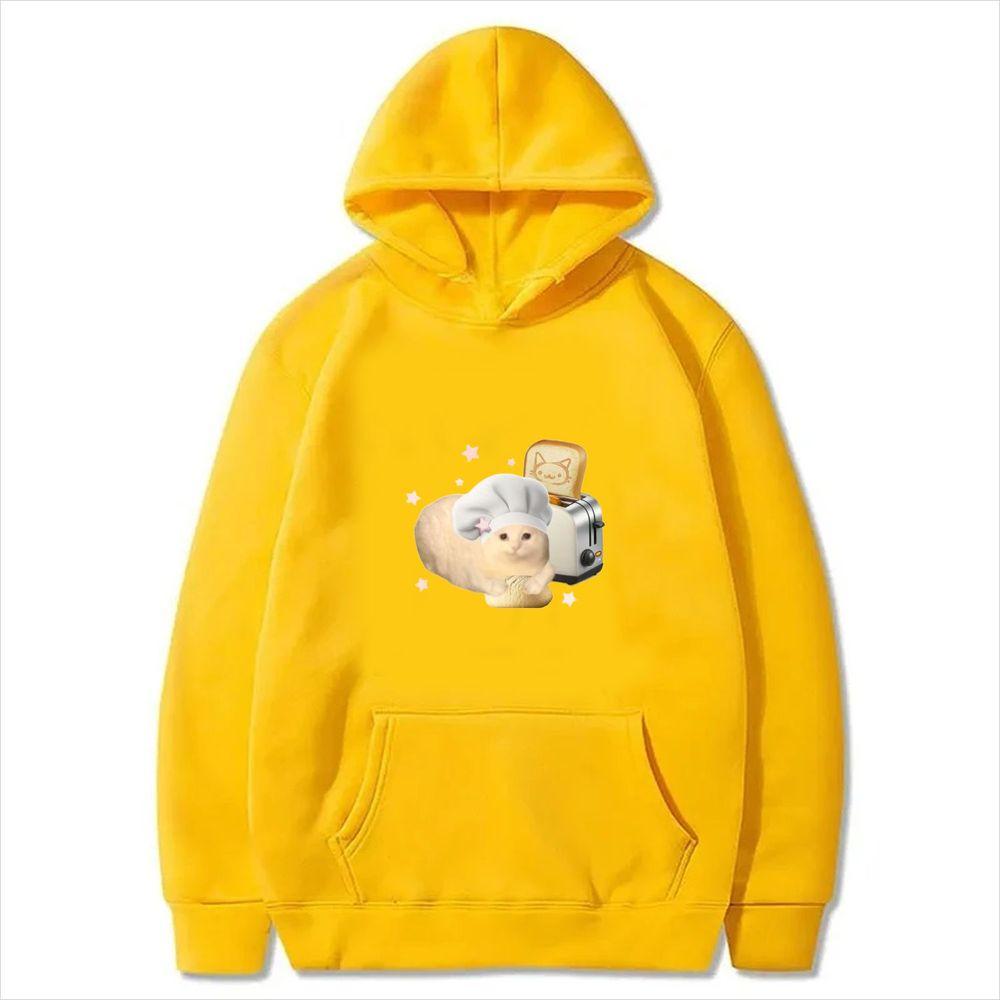 Cat Chef Toaster Print Hooded Sweatshirt Women Kawaii Graphic Long Sleeve Pullover Y2k Winter Casual Loose Cute Women Streetwear
