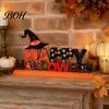 Creative Festival Table Signs Wooden Halloween Ornament, Trick or Treat/Boo/Happy Desktop Decoration Decorative Wood Lettering with Ghost Wizard