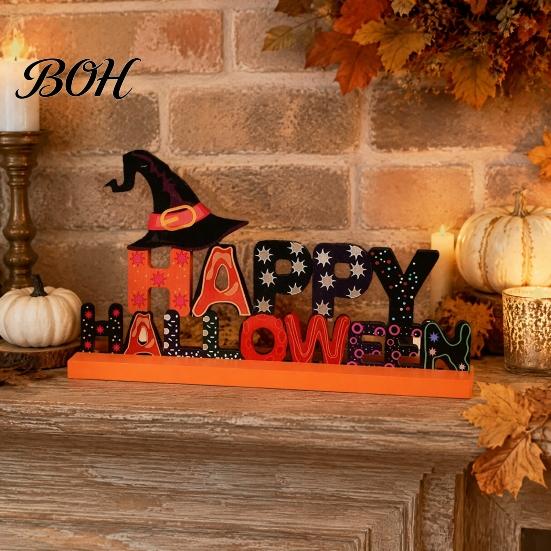 Creative Festival Table Signs Wooden Halloween Ornament, Trick or Treat/Boo/Happy Desktop Decoration Decorative Wood Lettering with Ghost Wizard