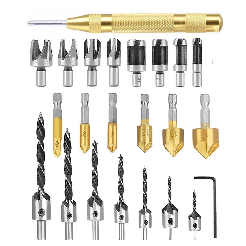 26-Piece Woodworking Drill Bit Set Pyramid Drill Bits Center Punch Three-Point Countersunk Drill Pentagonal Chamfer PlugDrill