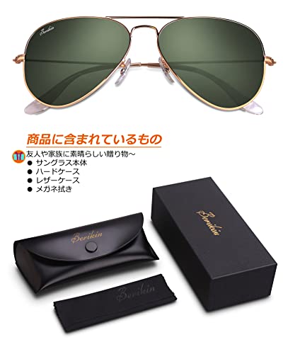 [Berikin] Sunglasses for Large Faces, Oversized, Glass, Aviator Style, Teardrop Shape, Men's & Women's, UV400 UV Protection, Gold & Green Lenses