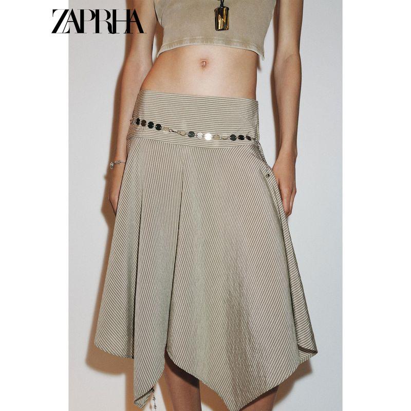 Zaprha 2025 Summer New Gyaru Style Stripe Belt Asymmetric Mid Waist Midi Skirt 6929500