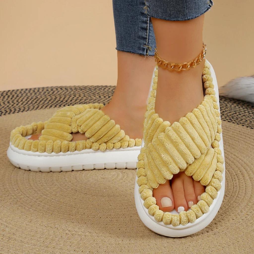 Autumn Winter Corduroy Home Slippers Women Cross Band Thick Soft Sole Slides Platform Shoes female Non Slip Indoor Slippers