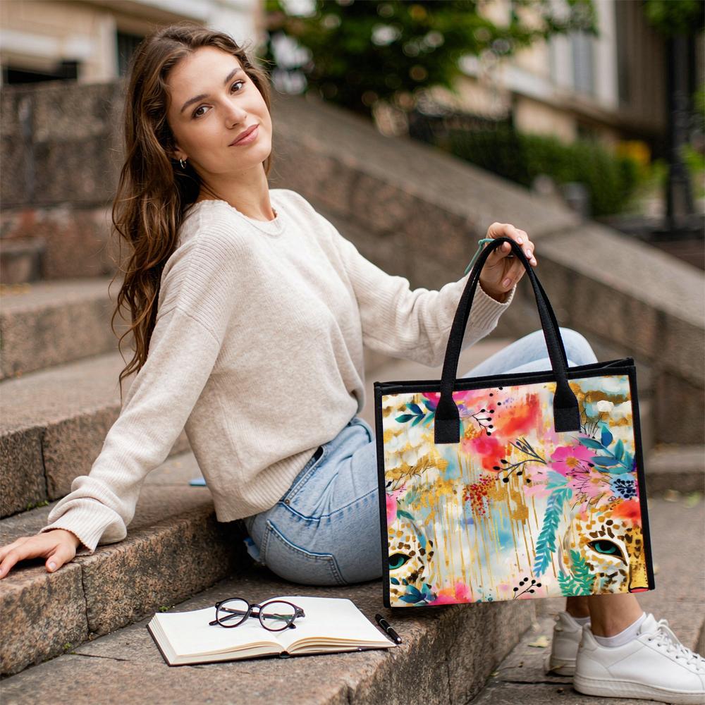 Boho Watercolor Leopard Tote Bag Floral Art Shopping Handbag for Daily Use