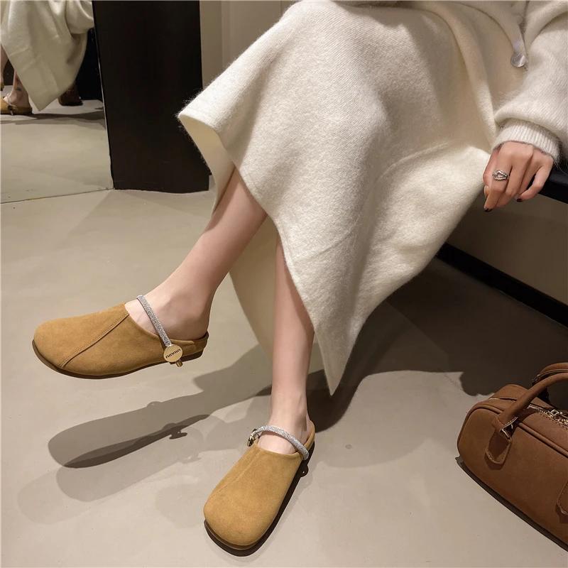 Women's Mules Flat Sole Solid Cover Toe Rhinestones Slippers Women Dress Metal Decoration Concise Outdoor Zapatillas De Mujer