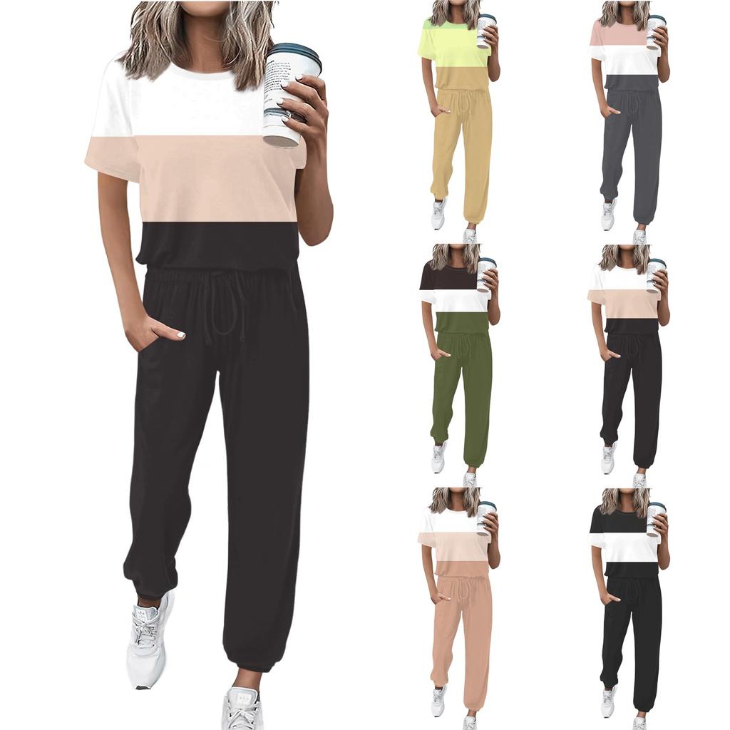 Women's Jogging Fashion Round Neck Short Sleeve Belt Loose Pants Tracksuit
