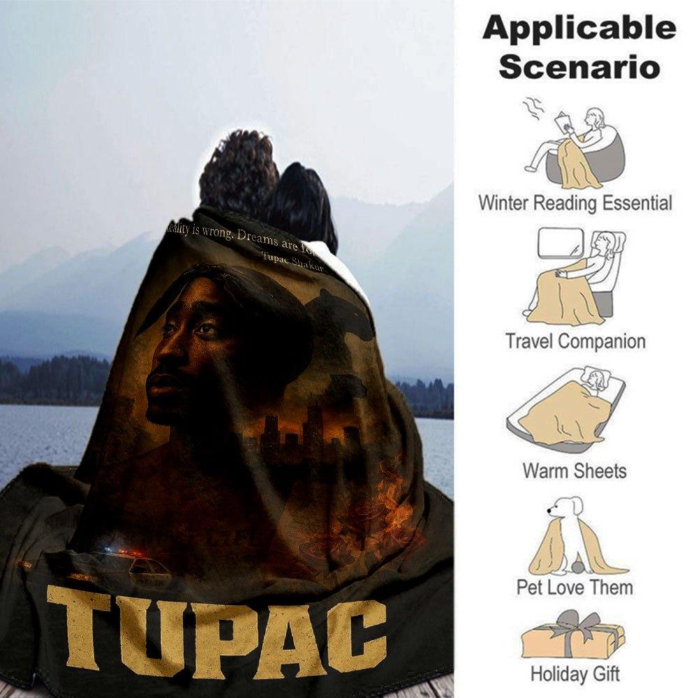 1pc 2PacHip Hop Blanket Soft Lightweight All Season Multi Purpose Throw for Sofa, Bed, Office & Picnics, French Style with Iconic Album Art & Quotes